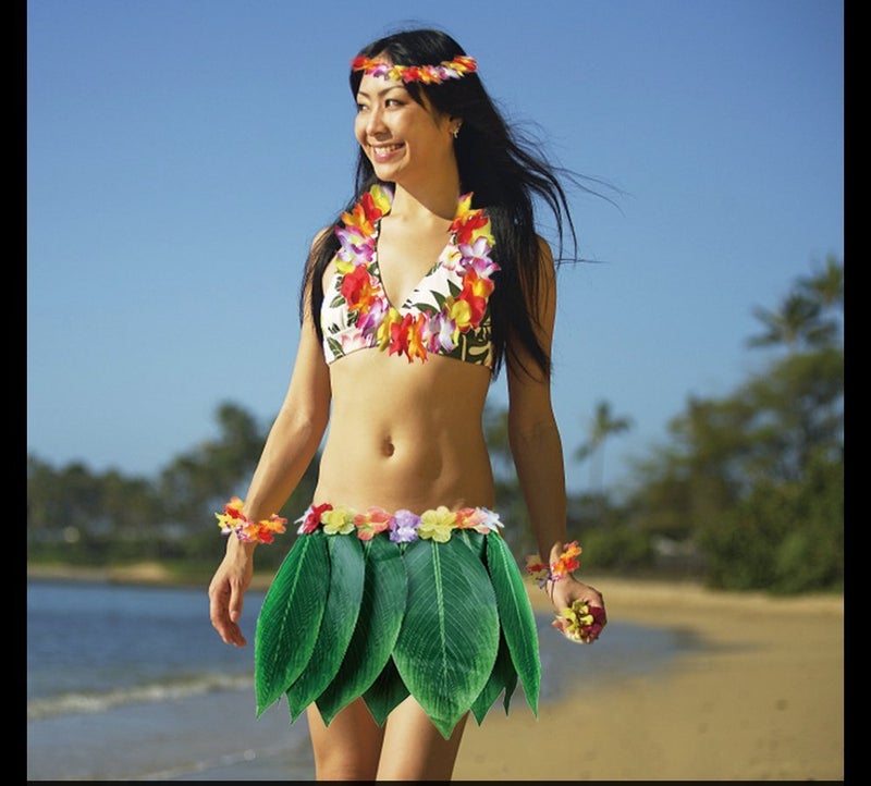 KEFAN Leaf Hula Skirt and Hawaiian Leis Set Grass Skirt with Artificial Hibiscus Flowers for Hula Costume Party (A) - Image 5